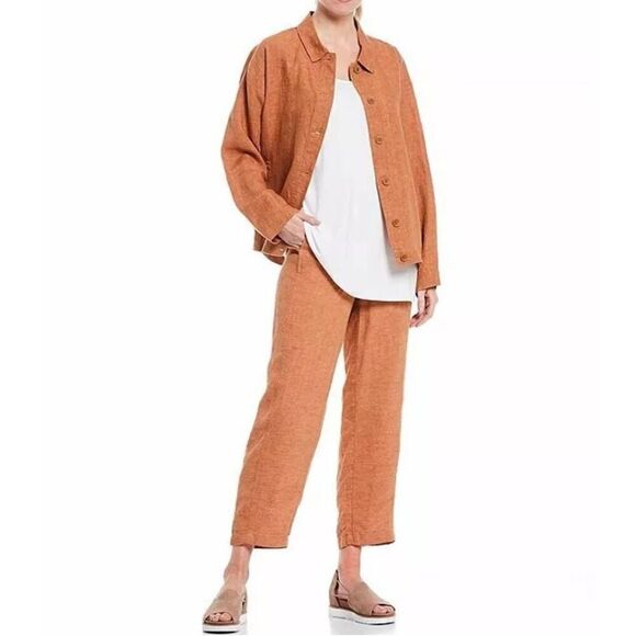 Eileen Fisher Organic Linen Delave Classic Collar Jacket Cinnamon Petite - Picture 1 of 10